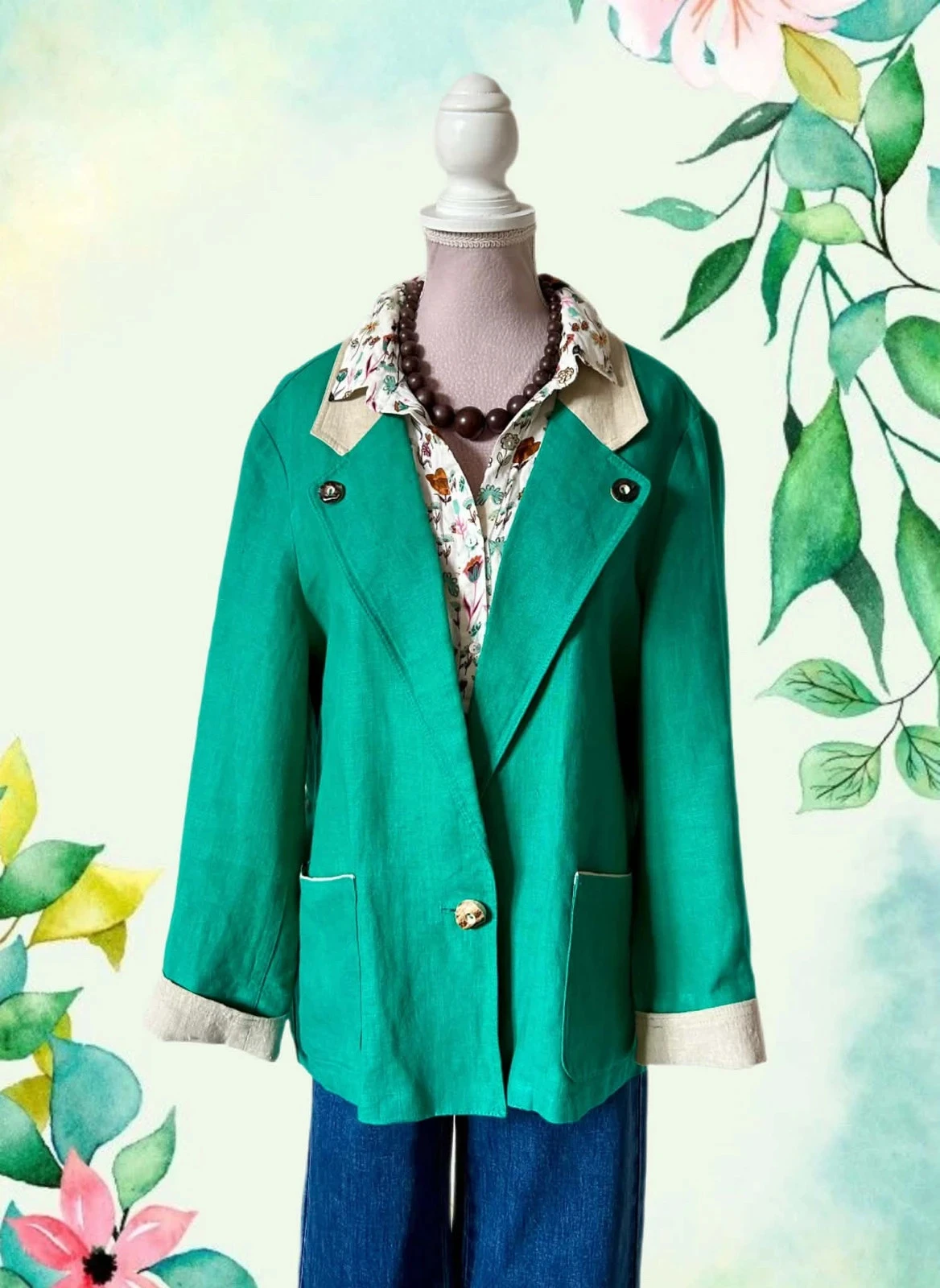 🦚Blazer 100% lin vert émeraude vintage 80s90s cottagecore Austrian emerald linen retro jacket 36/38🌿